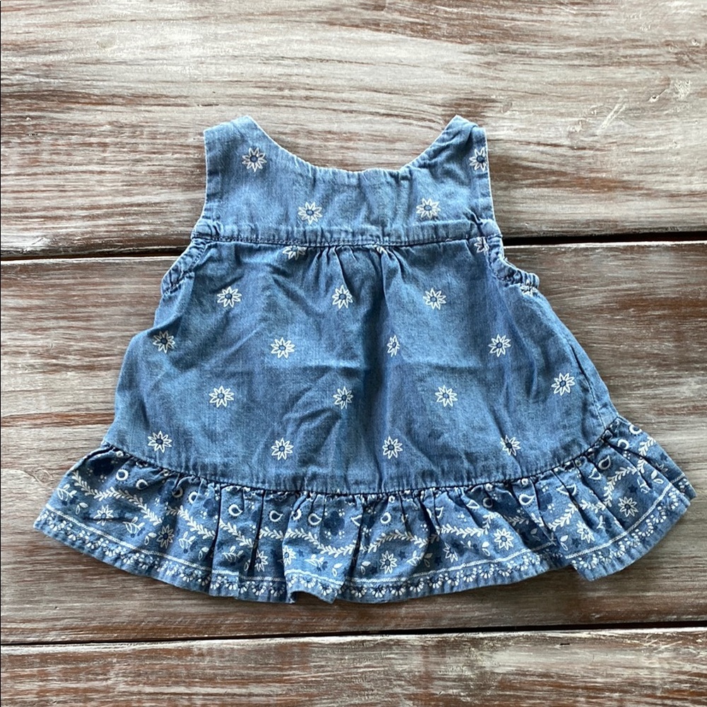 Vintage Baby B’Gosh Denim Paisley Floral Ruffle Baby Dress 12 Months Buttons